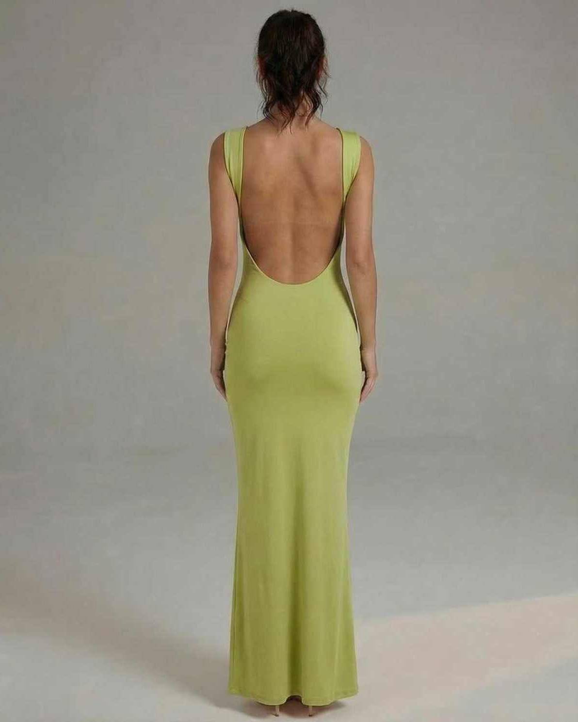Luna Maxi Dress showcasing a sleek lime green satin silhouette with a flattering open back design by Lauven.