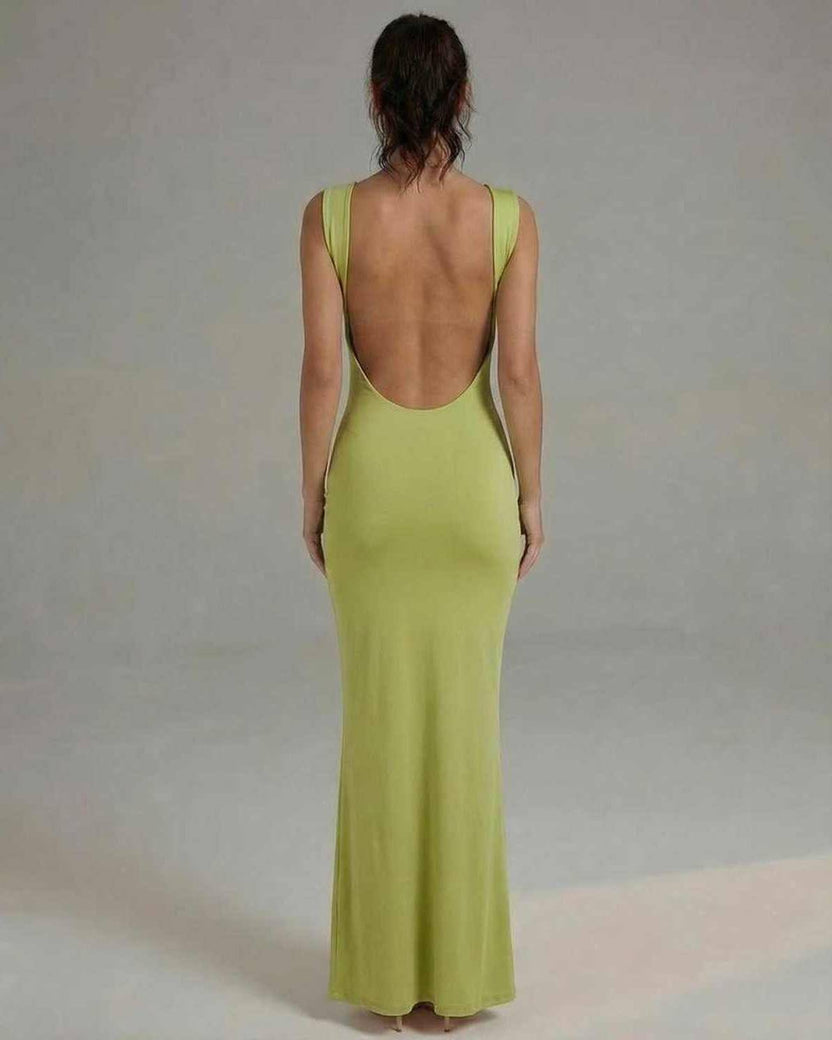 Luna Maxi Dress showcasing a sleek lime green satin silhouette with a flattering open back design by Lauven.