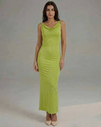 Luna Maxi Dress in sleek lime green satin with flattering cowl neckline by Lauven, exuding modern elegance.