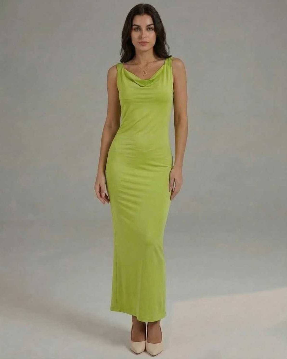 Luna Maxi Dress in sleek lime green satin with flattering cowl neckline by Lauven, exuding modern elegance.