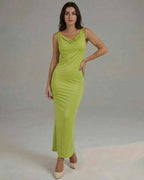 Luna Maxi Dress in sleek lime green satin, featuring a flattering cowl neckline and elegant silhouette by Lauven.