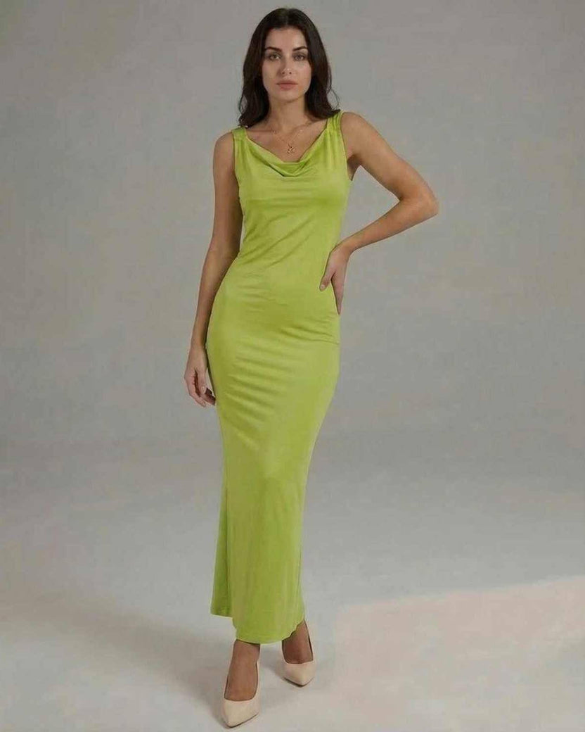 Luna Maxi Dress in sleek lime green satin, featuring a flattering cowl neckline and elegant silhouette by Lauven.