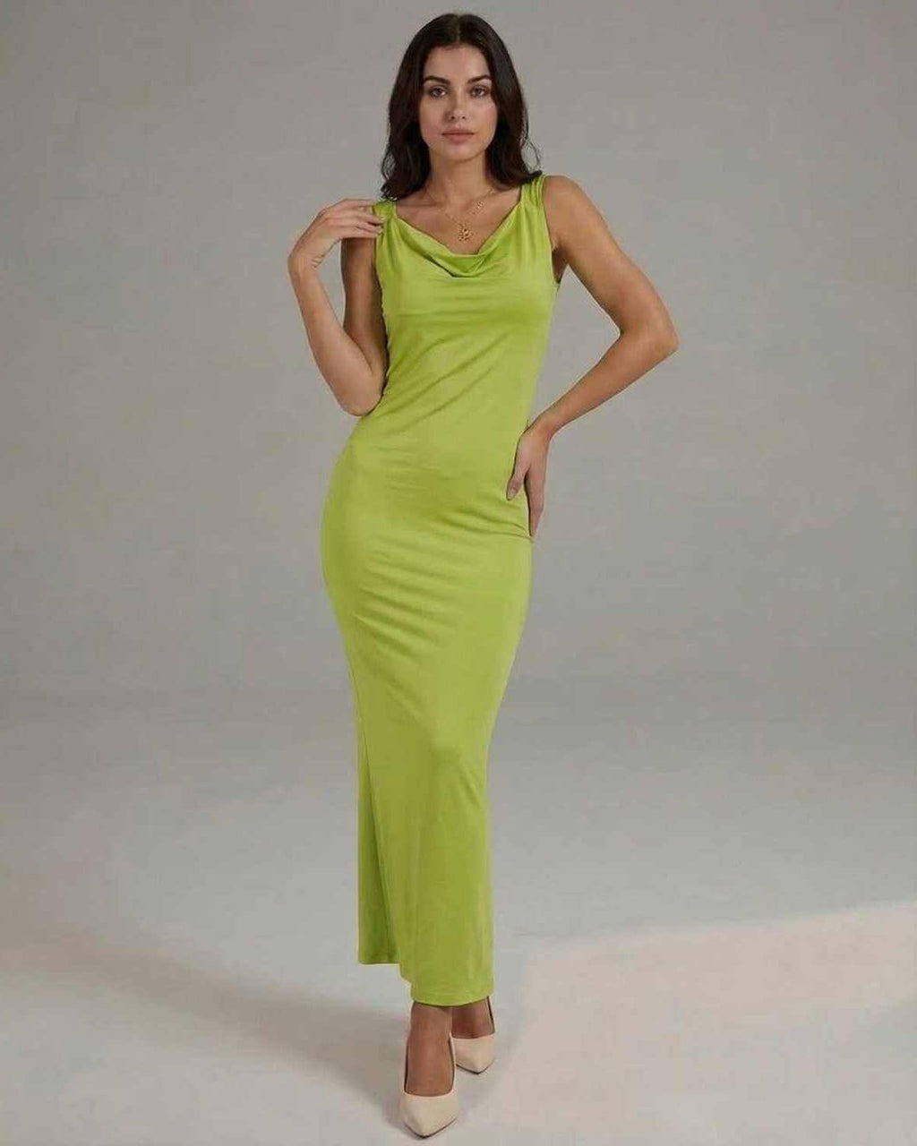 Luna Maxi Dress by Lauven in sleek lime green satin, featuring a flattering cowl neckline, embodies modern elegance.