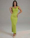 Luna Maxi Dress by Lauven in sleek lime green satin, featuring a flattering cowl neckline, embodies modern elegance.