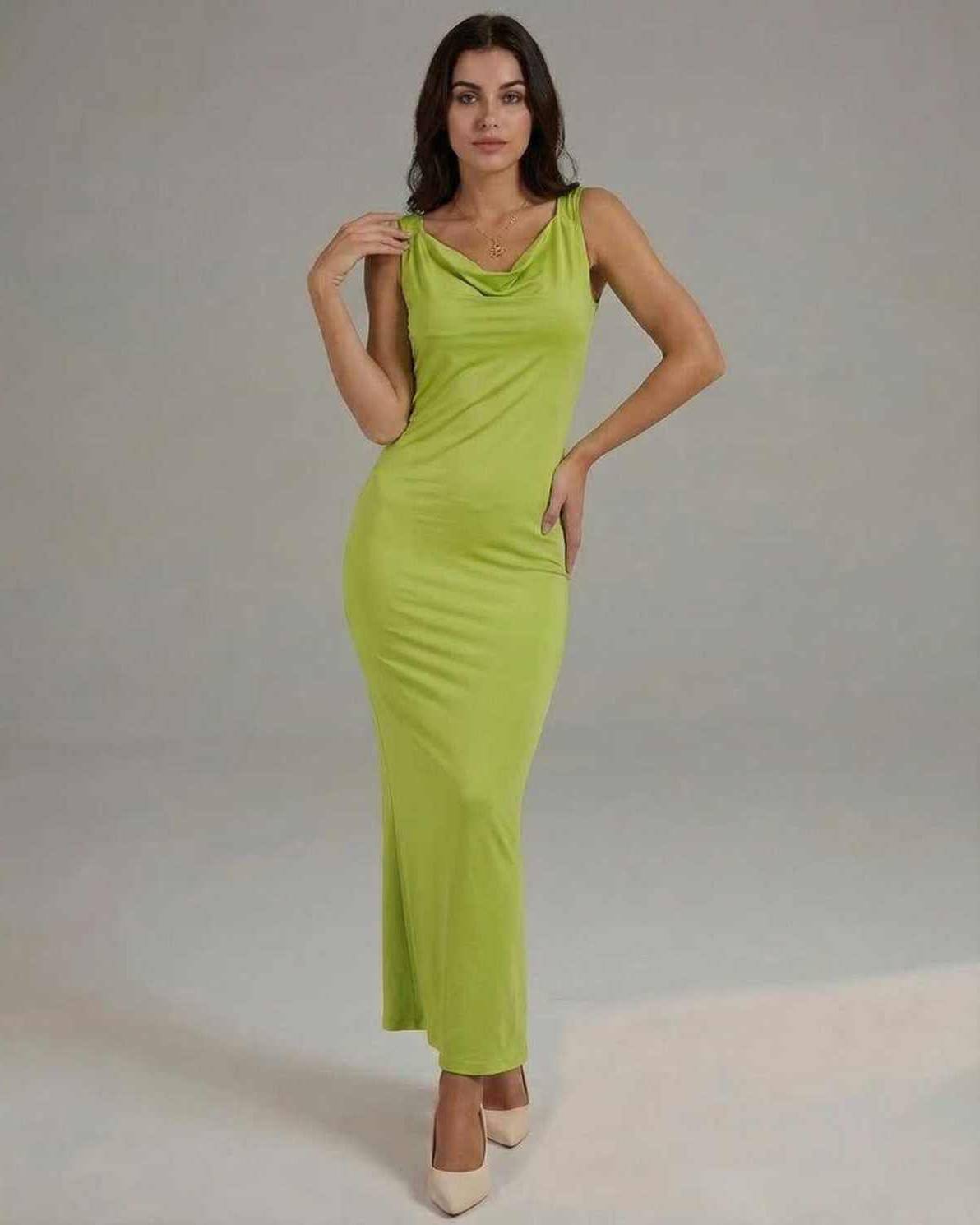 Luna Maxi Dress by Lauven in sleek lime green satin, featuring a flattering cowl neckline, embodies modern elegance.