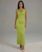 Luna Maxi Dress in sleek lime green satin with cowl neckline, offering comfort and elegance by Lauven.