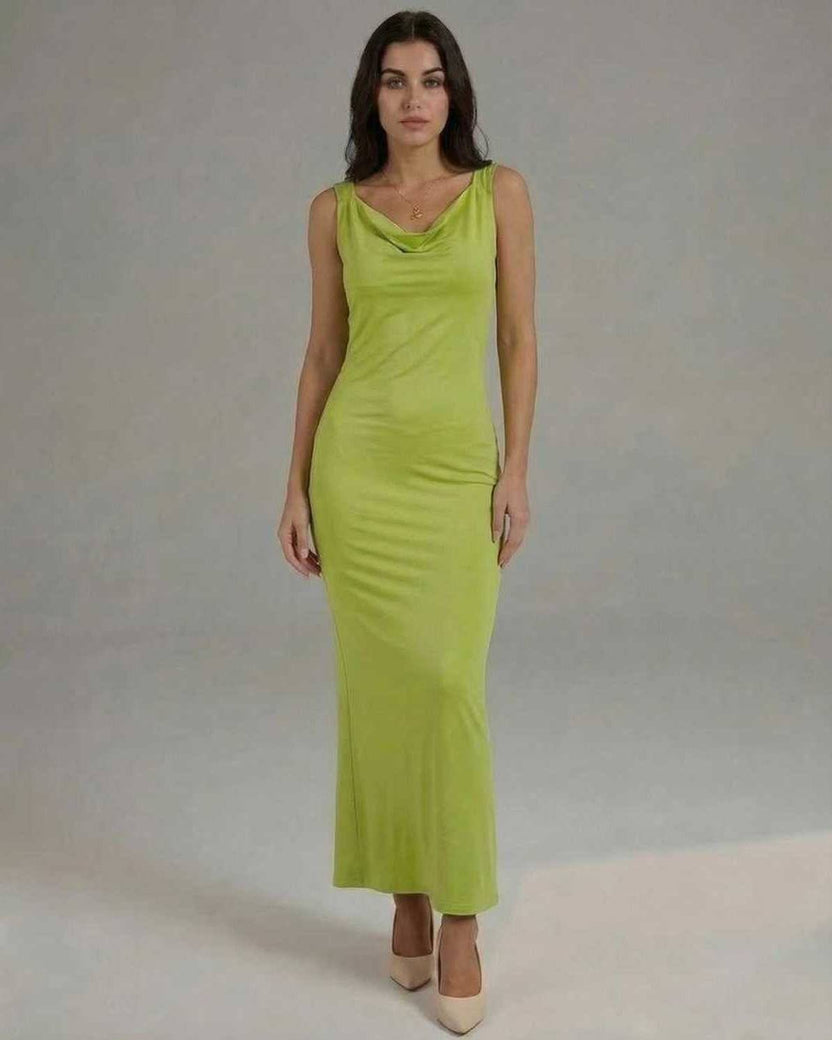 Luna Maxi Dress in sleek lime green satin with cowl neckline, offering comfort and elegance by Lauven.