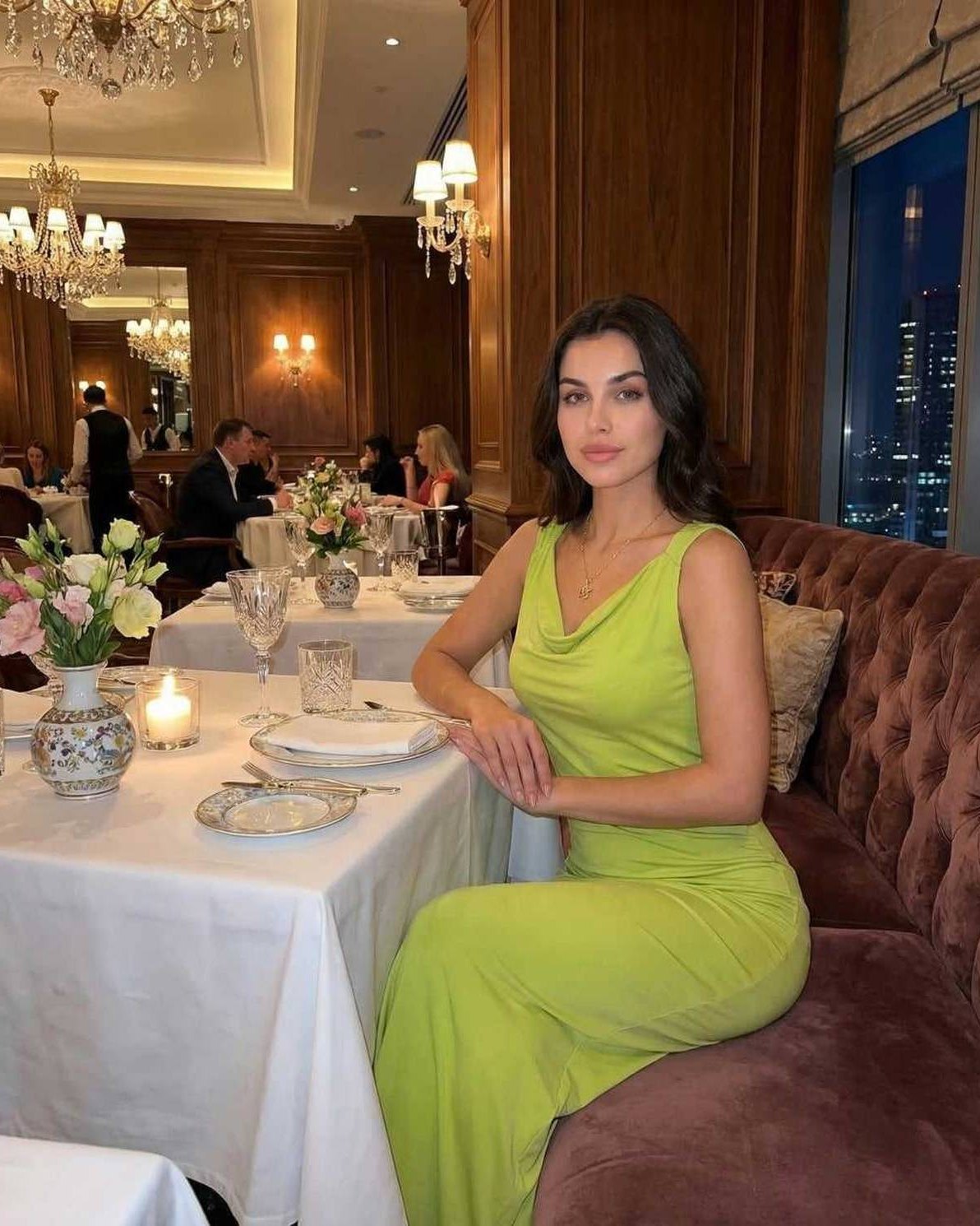 Luna Maxi Dress in sleek lime green satin, featuring cowl neckline, embodying luxury and elegance by Lauven.