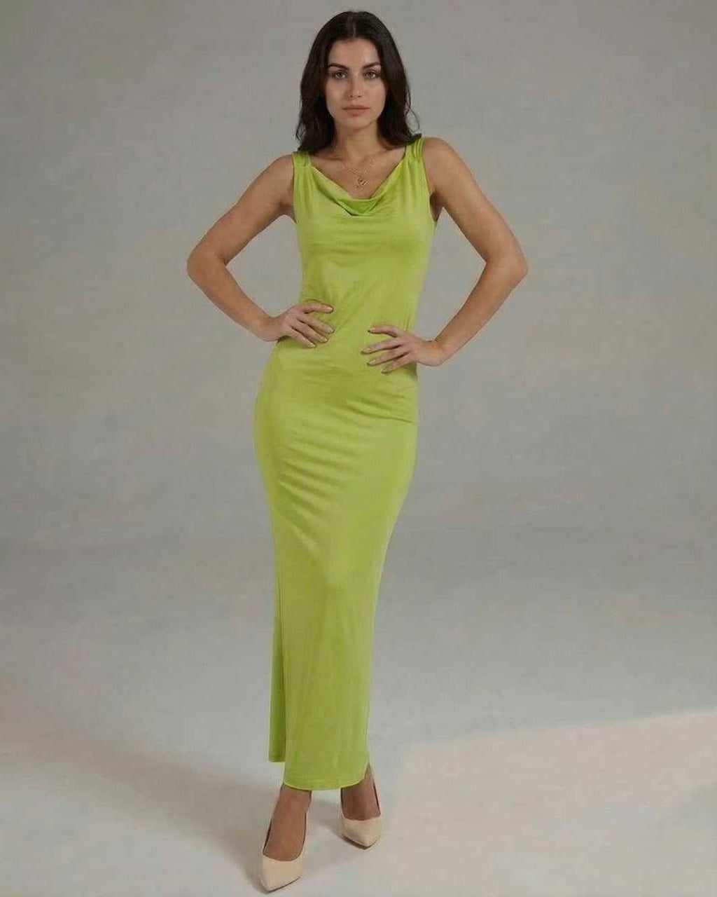 Luna Maxi Dress in sleek lime green satin featuring a cowl neckline, fluid drape, and modern elegance by Lauven.