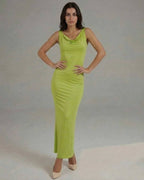 Luna Maxi Dress in sleek lime green satin featuring a cowl neckline, fluid drape, and modern elegance by Lauven.