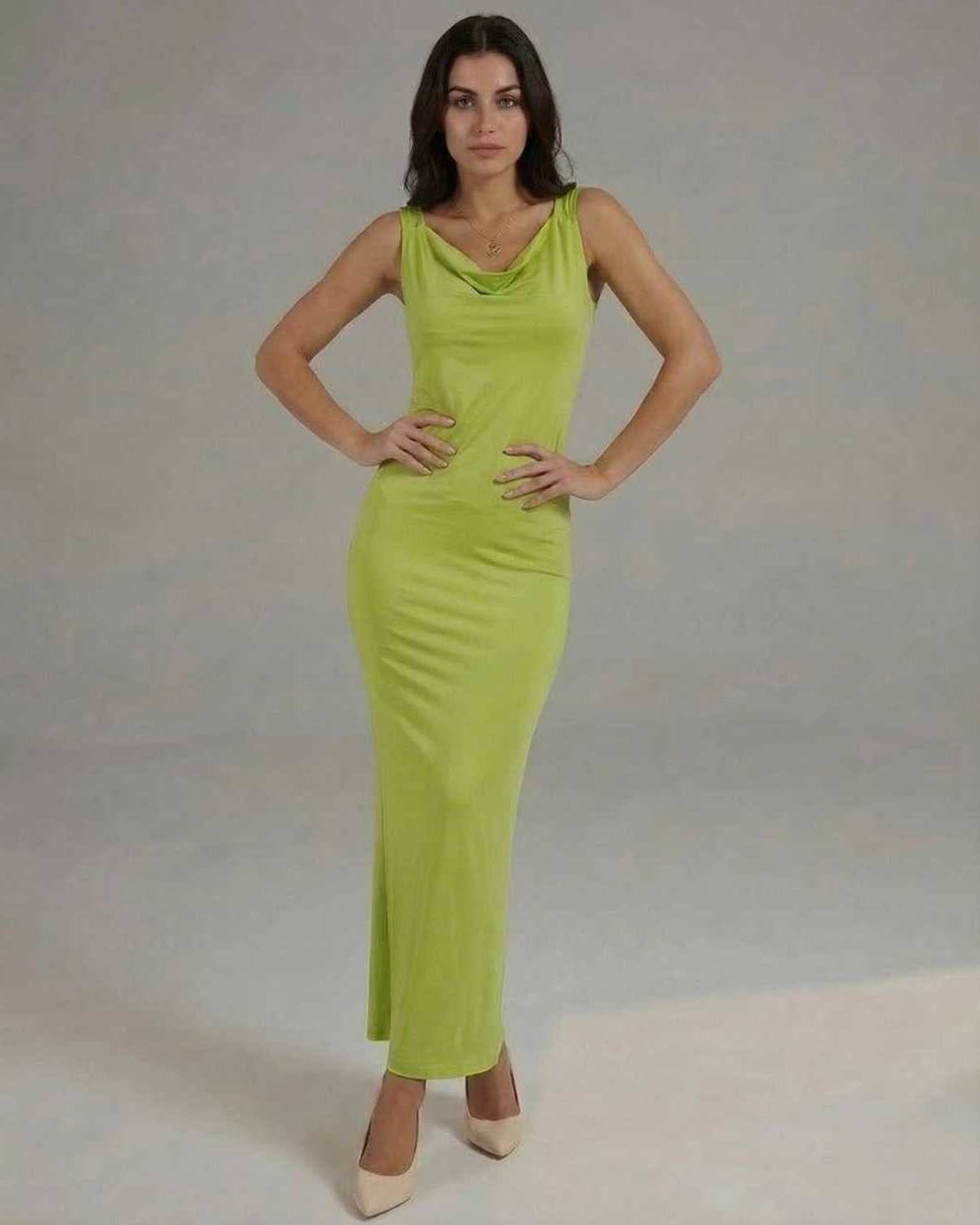 Luna Maxi Dress in sleek lime green satin featuring a cowl neckline, fluid drape, and modern elegance by Lauven.
