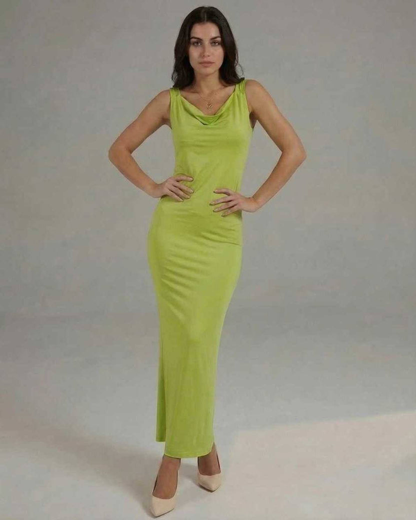 Luna Maxi Dress in sleek lime green satin featuring a cowl neckline, fluid drape, and modern elegance by Lauven.
