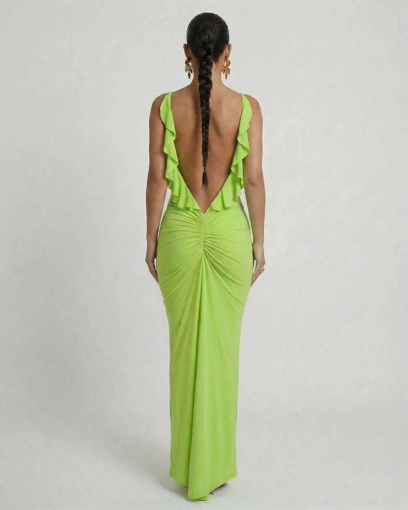 Lauven Luna Maxi Dress featuring a sleek lime green color with a stunning back design and bodycon fit.