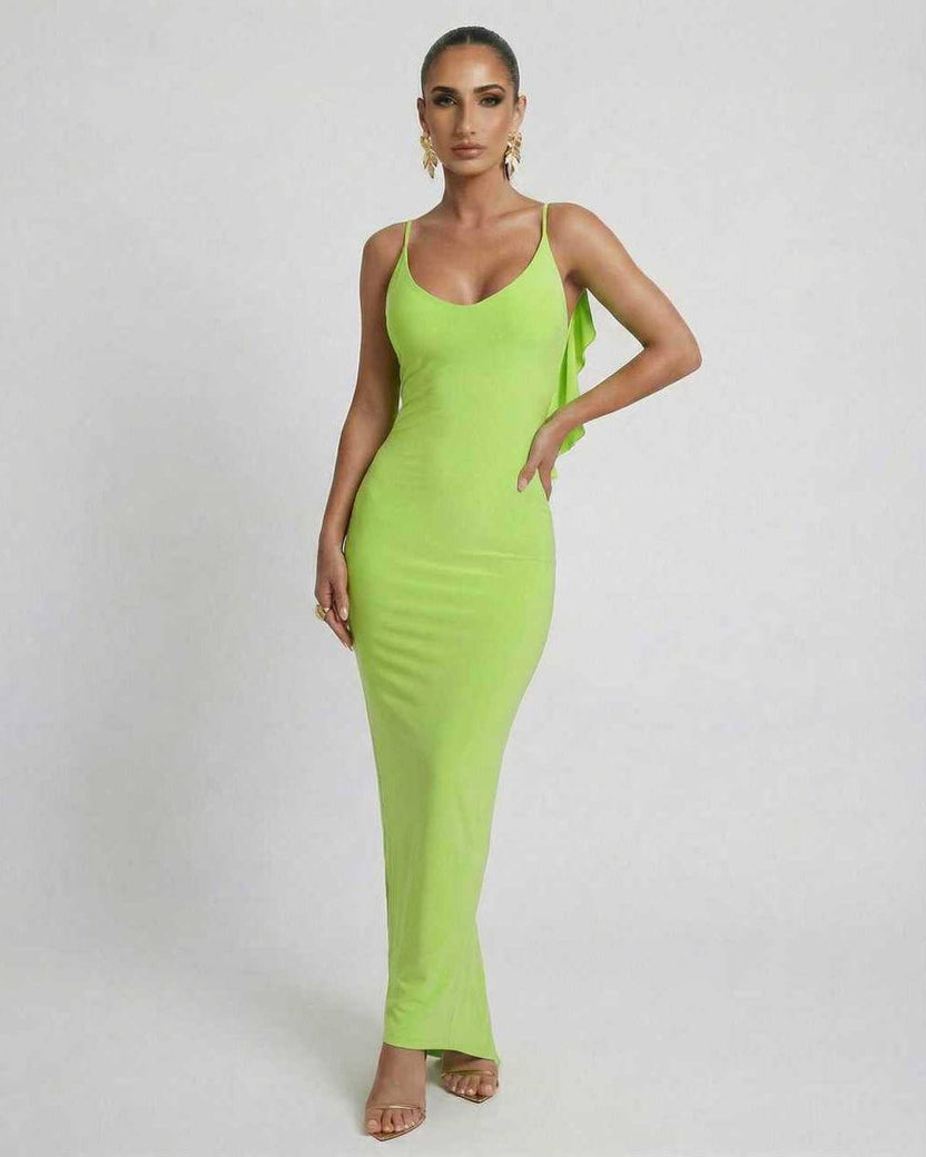 Lauven Luna Maxi Dress in sleek lime green, sleeveless bodycon silhouette with delicate spaghetti straps.