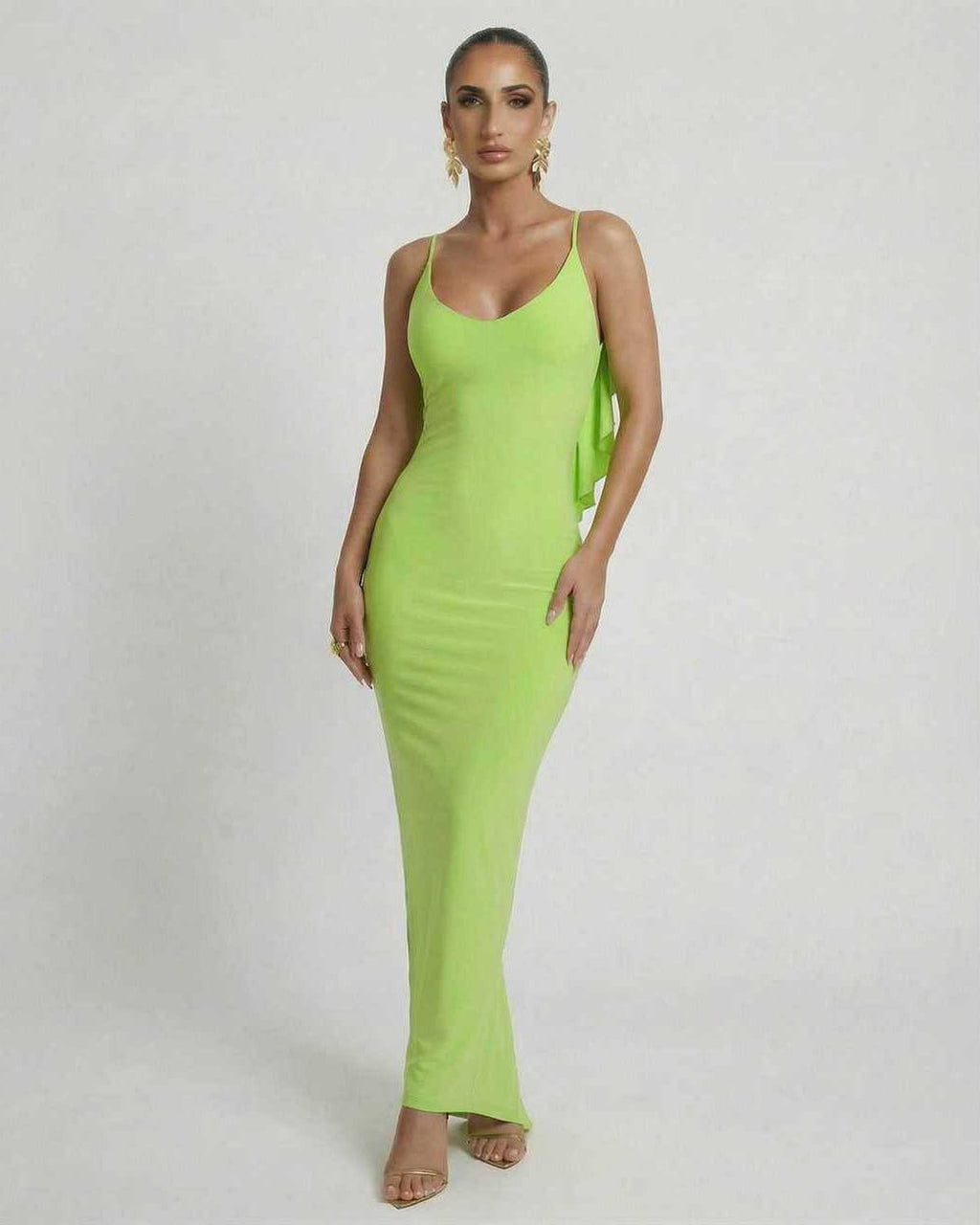 Lauven Luna Maxi Dress in vibrant lime green, sleek sleeveless design with spaghetti straps.