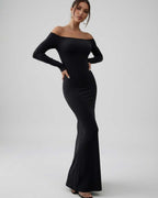 Lauven Luna Maxi Dress in classic black, sleek off-shoulder long sleeve, perfect for a sophisticated silhouette.