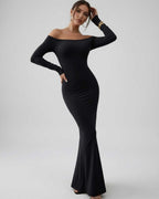 Lauven Luna Maxi Dress in classic black features an off-shoulder design and sleek long sleeves for a sophisticated look.