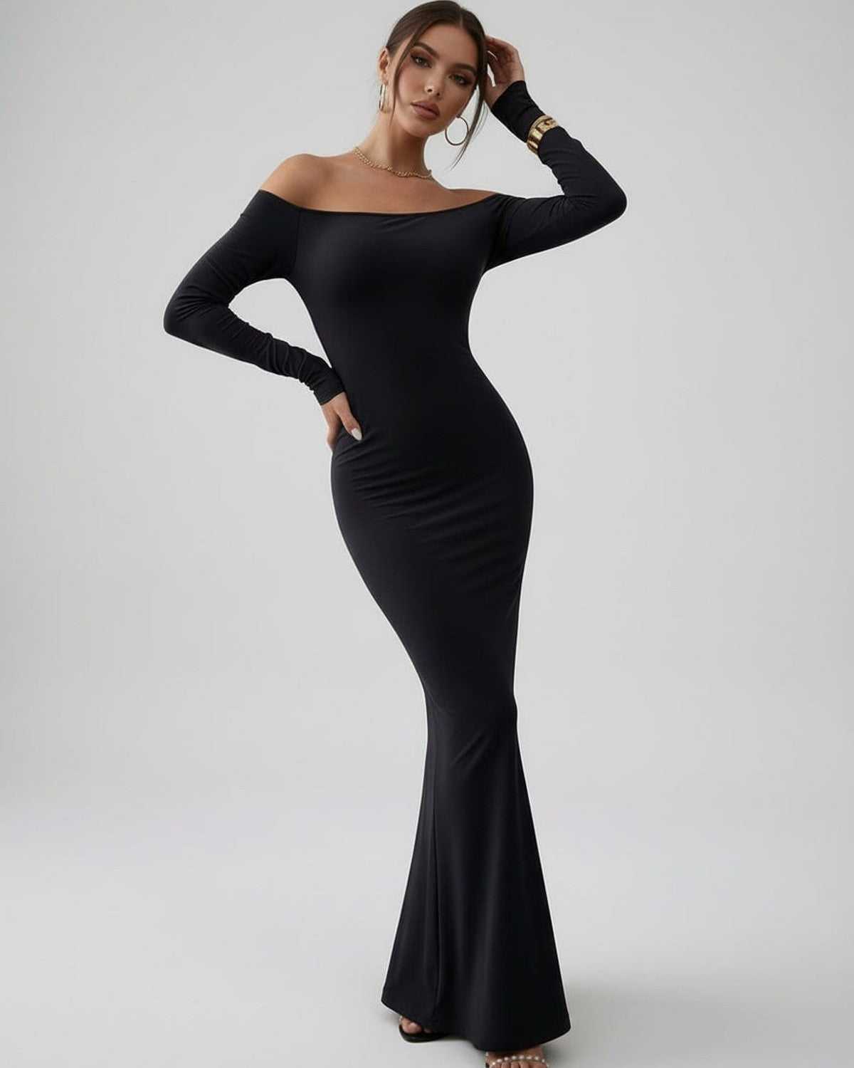Lauven Luna Maxi Dress in classic black features an off-shoulder design and sleek long sleeves for a sophisticated look.