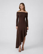 Luna Maxi Dress by Lauven - Elegant off-shoulder cotton blend midi dress in chocolate brown with ruffle hem.