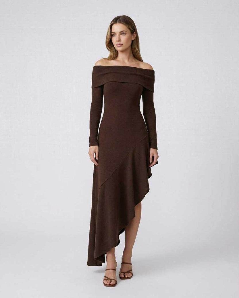 Luna Maxi Dress by Lauven - Elegant off-shoulder cotton blend midi dress in chocolate brown with ruffle hem.