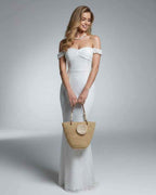Luna Maxi Dress by Lauven, elegant off-shoulder lace gown perfect for special occasions.