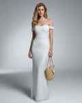 Luna Maxi Dress by Lauven - Elegant off-shoulder lace gown with a refined texture and high waist silhouette.