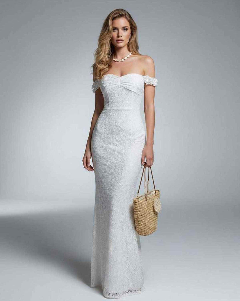 Luna Maxi Dress by Lauven - Elegant off-shoulder lace gown with a refined texture and high waist silhouette.