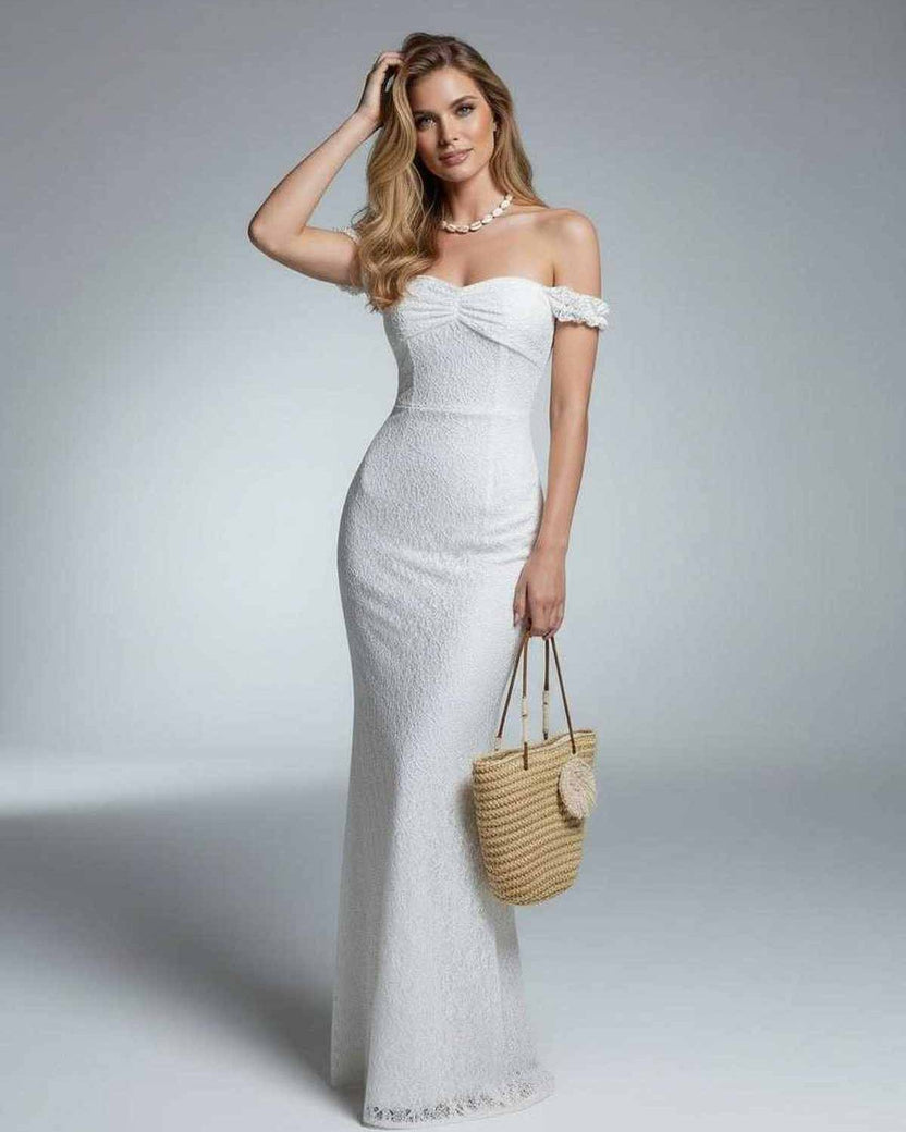 Luna Maxi Dress by Lauven, elegant off-shoulder lace gown with chic accessories.