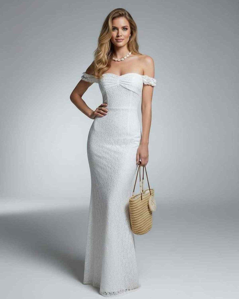 Luna Maxi Dress by Lauven, elegant off-shoulder lace gown in white with a fitted silhouette.