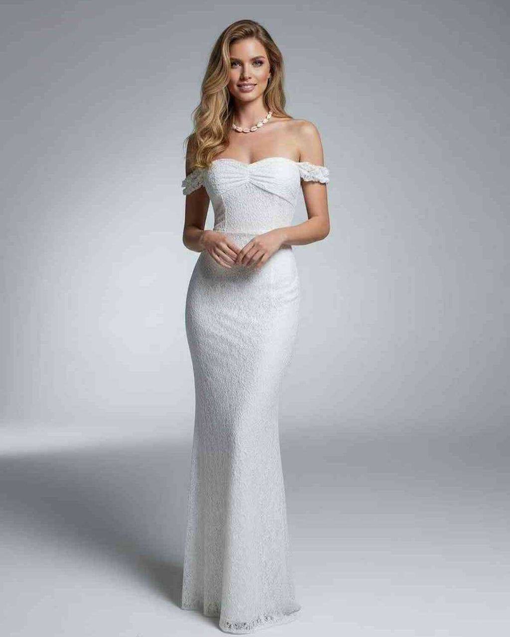 Luna Maxi Dress by Lauven - Elegant off-shoulder lace gown with a timeless maxi length and refined texture.