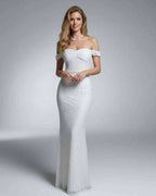 Luna Maxi Dress by Lauven - Elegant off-shoulder lace gown with a timeless maxi length and refined texture.