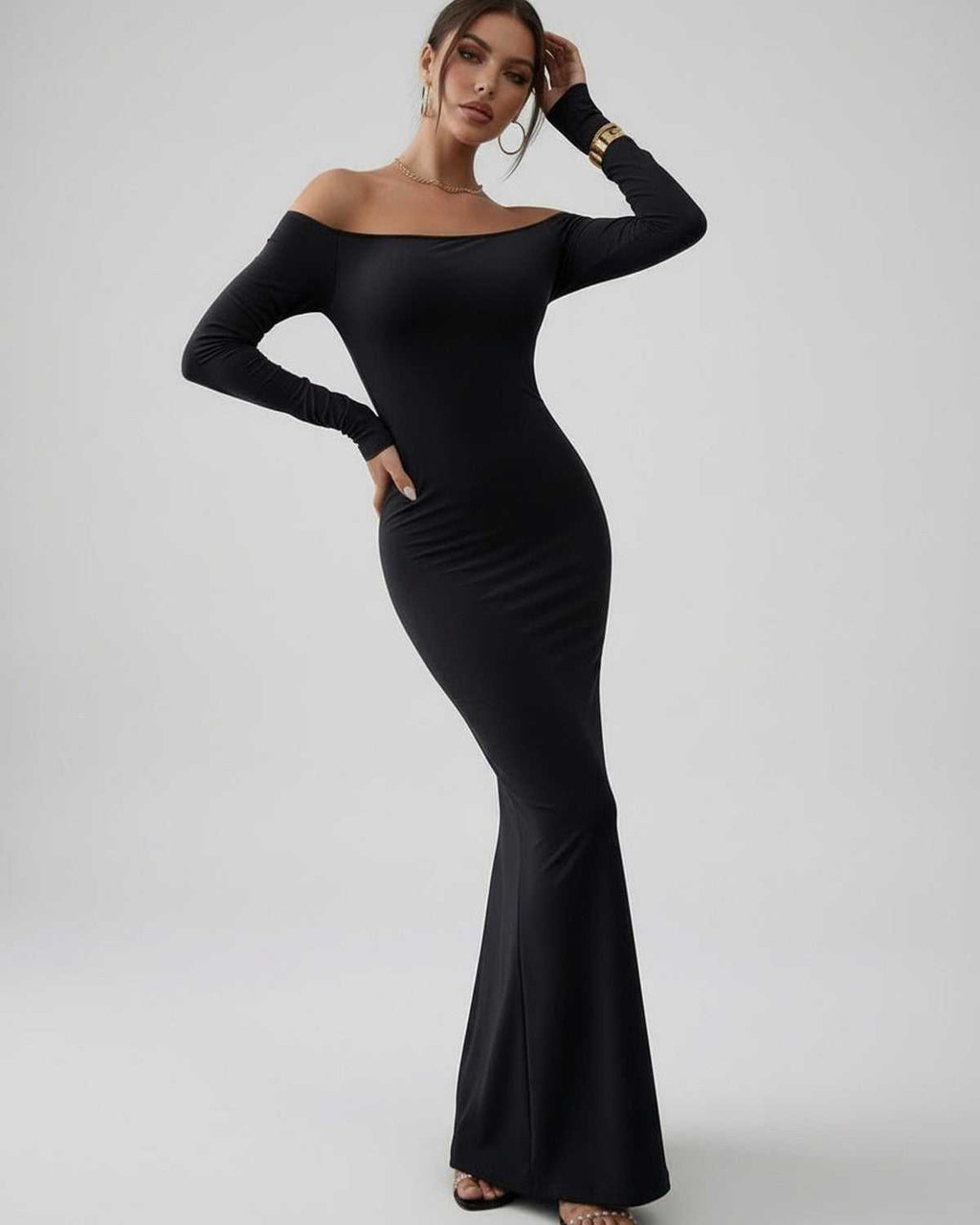 Lauven Luna Maxi Dress off-shoulder long sleeve in classic black, showcasing luxurious stretch fabric and sleek silhouette.