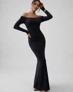 Lauven Luna Maxi Dress off-shoulder long sleeve in classic black, showcasing luxurious stretch fabric and sleek silhouette.