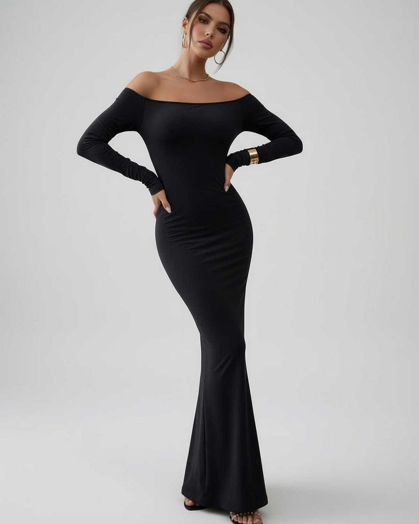 Lauven Luna Maxi Dress, sleek off-shoulder long sleeve, luxurious stretch fabric in classic black.