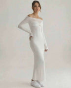 Luna Maxi Dress featuring off-shoulder neckline, slim sheath silhouette, full-length sleeves by Lauven.