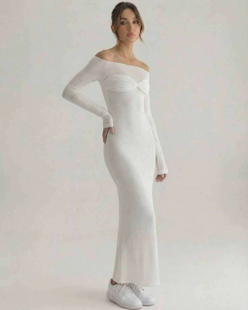Luna Maxi Dress featuring off-shoulder neckline, slim sheath silhouette, full-length sleeves by Lauven.