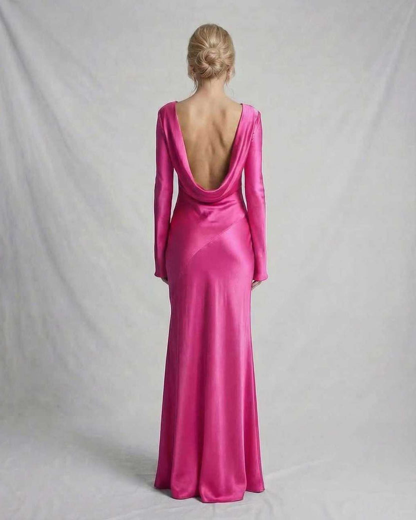 Luna Maxi Dress by Lauven, vibrant pink satin dress with a low draped back and elegant full-length design.
