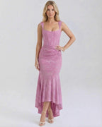 Luna Maxi Dress by Lauven - Elegant square collar jacquard dress in soft pink with a graceful fish tail hemline.