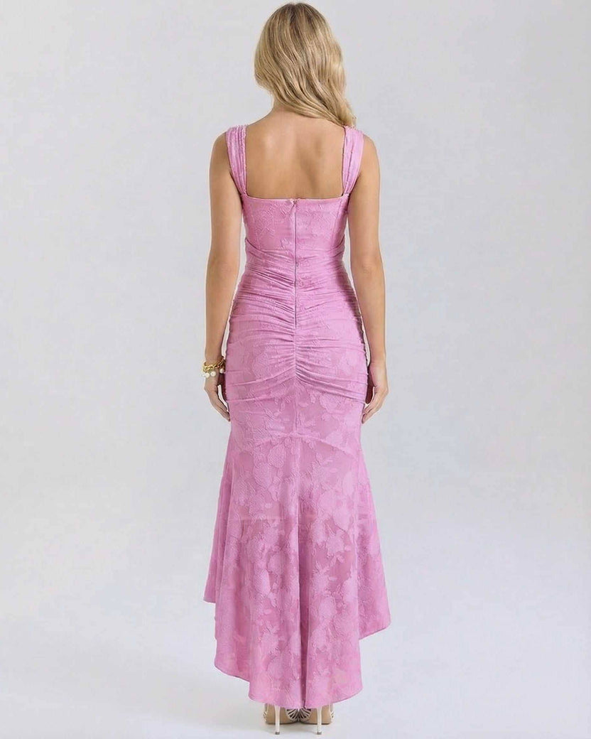 Luna Maxi Dress by Lauven, elegant pink jacquard dress with square collar and fish tail hem.