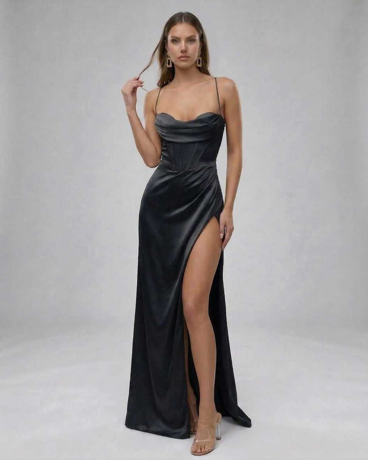 Luna Maxi Dress by Lauven — Sleek black satin gown with high slit and modern structured bodice.