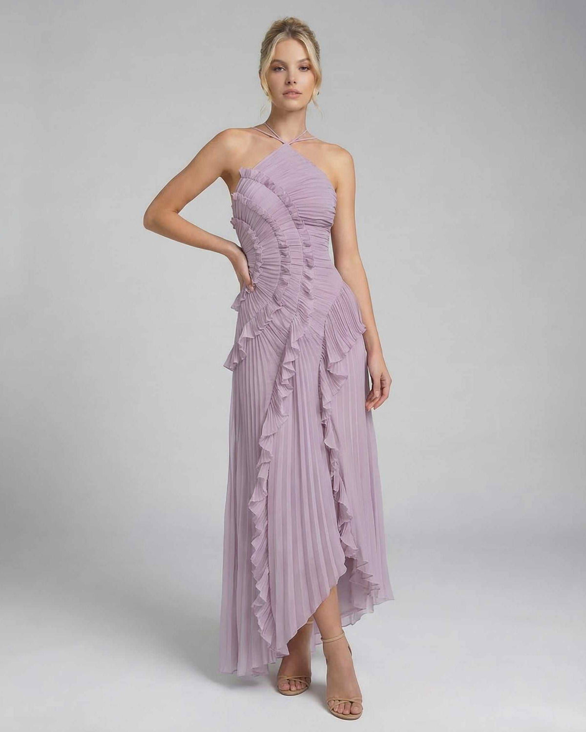 Luna Maxi Dress by Lauven - Soft lavender pleated halter neck gown with ruffles and flowing silhouette.