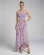 Luna Maxi Dress by Lauven - Soft lavender pleated halter neck gown with ruffles and flowing silhouette.