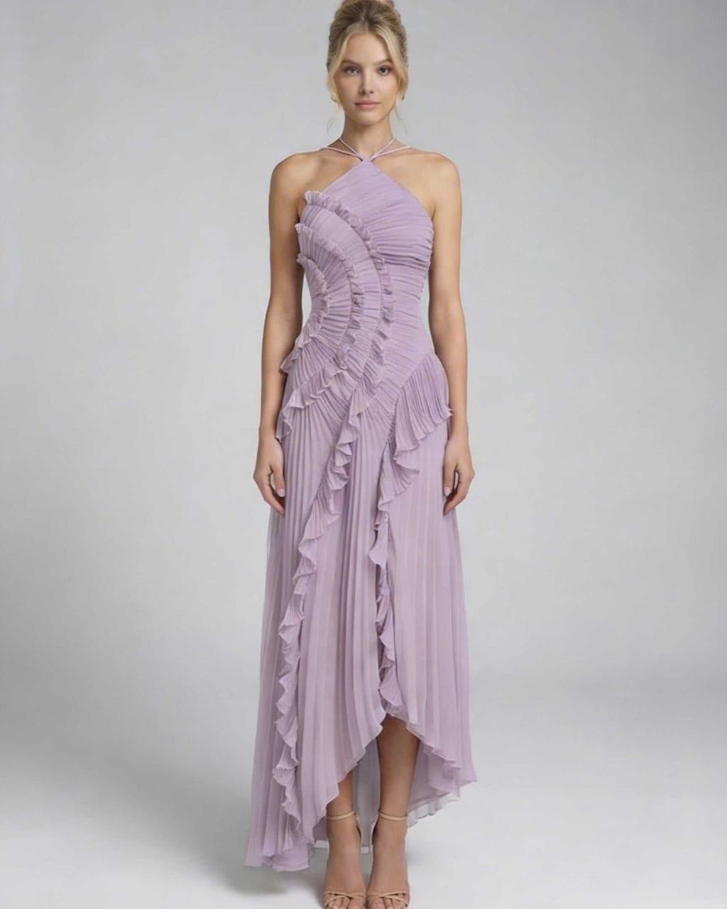 Luna Maxi Dress by Lauven - Soft lavender pleated halter neck gown with ruffles and flowing silhouette.