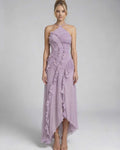 Luna Maxi Dress by Lauven - Soft lavender pleated halter neck gown with ruffles and flowing silhouette.