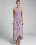 Luna Maxi Dress by Lauven - Soft lavender pleated halter neck gown with ruffles and flowing silhouette.
