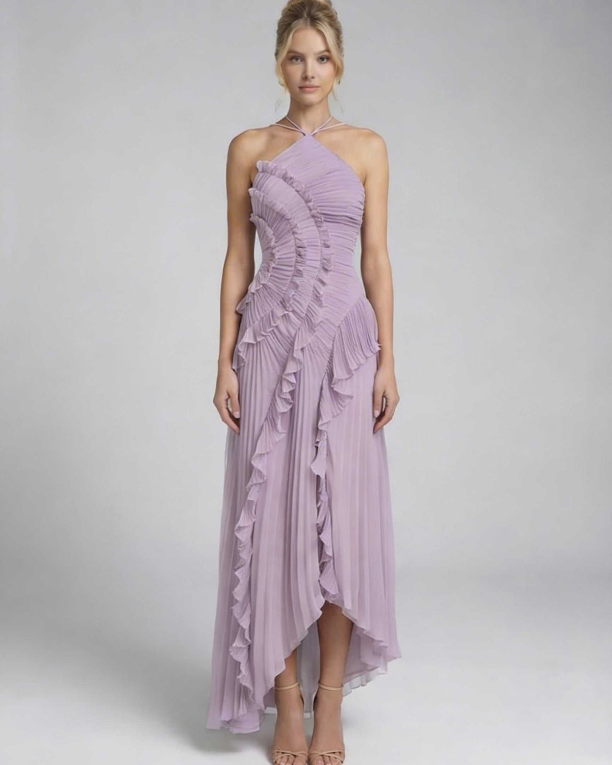 Luna Maxi Dress by Lauven - Soft lavender pleated halter neck gown with ruffles and flowing silhouette.