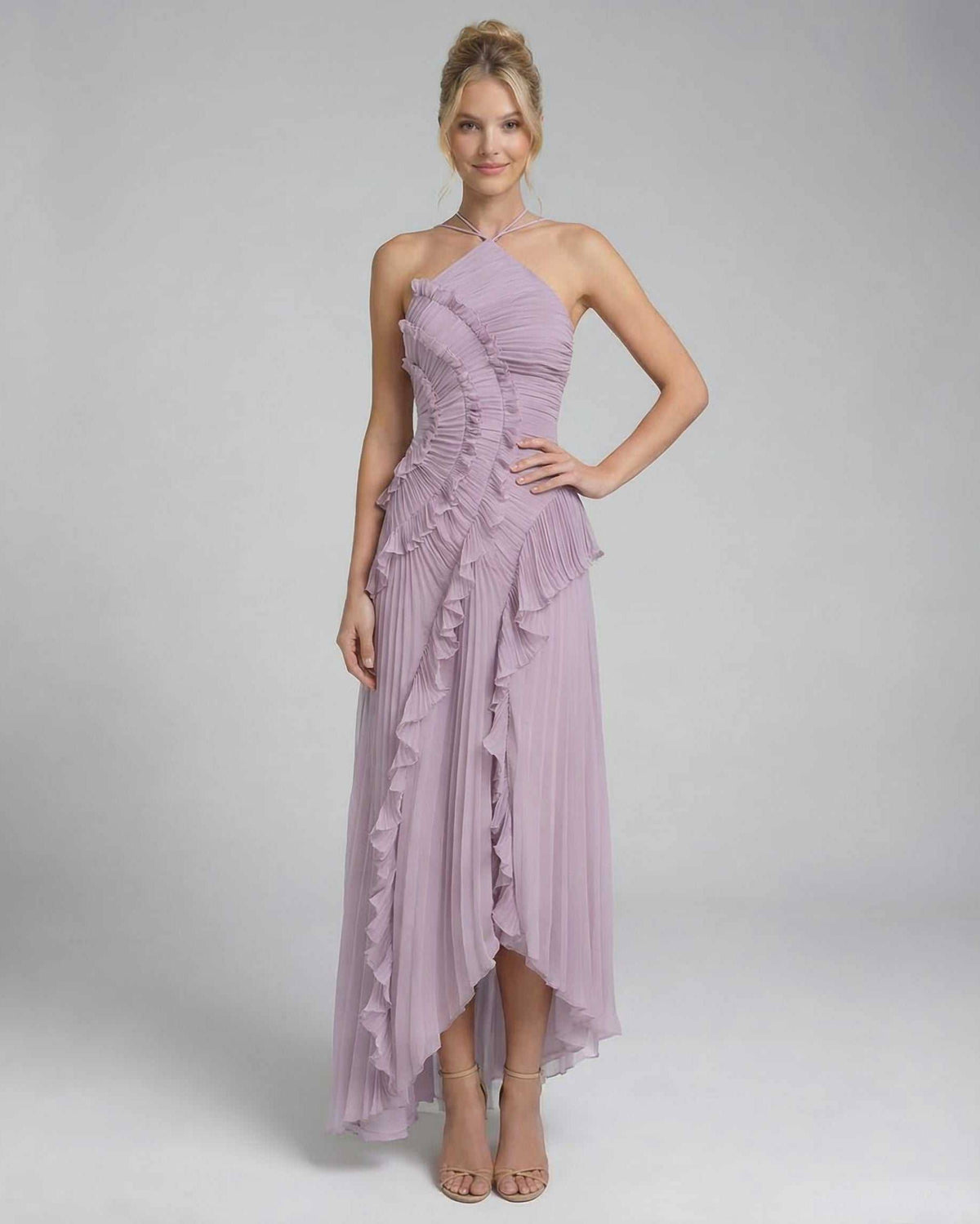 Luna Maxi Dress by Lauven in soft lavender with pleated halter neck and ruffle details, showcasing a graceful silhouette.