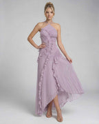 Luna Maxi Dress by Lauven in soft lavender with ruffles and pleats, featuring a halter neck design.
