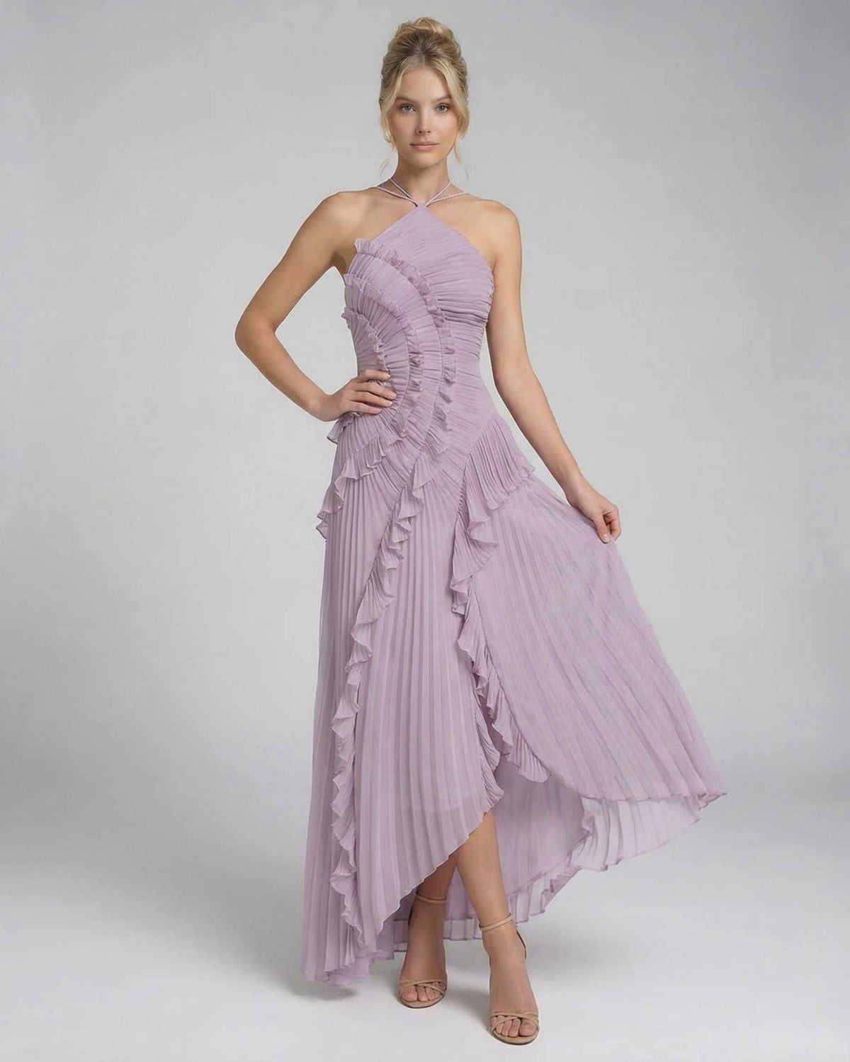 Luna Maxi Dress by Lauven in soft lavender with ruffles and pleats, featuring a halter neck design.
