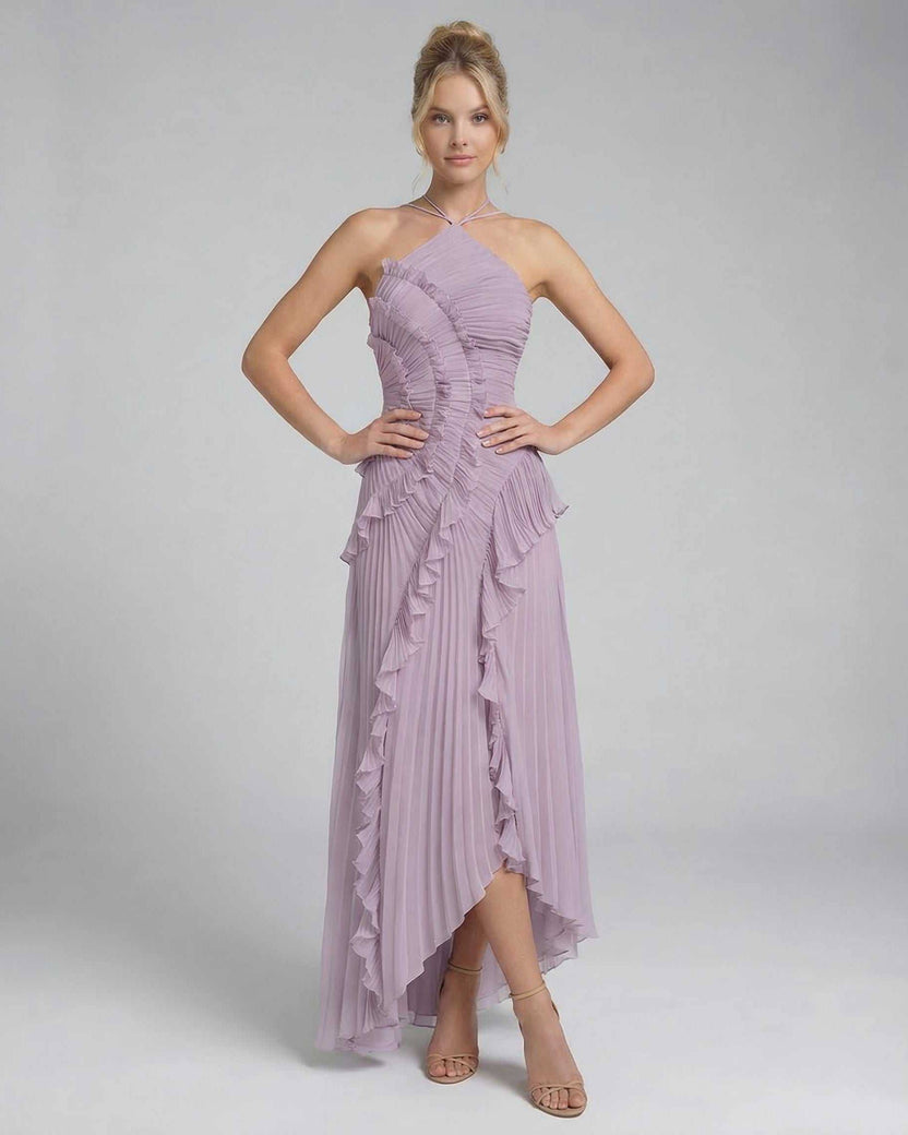 Luna Maxi Dress by Lauven in soft lavender, featuring pleated chiffon and ruffles for an elegant look.